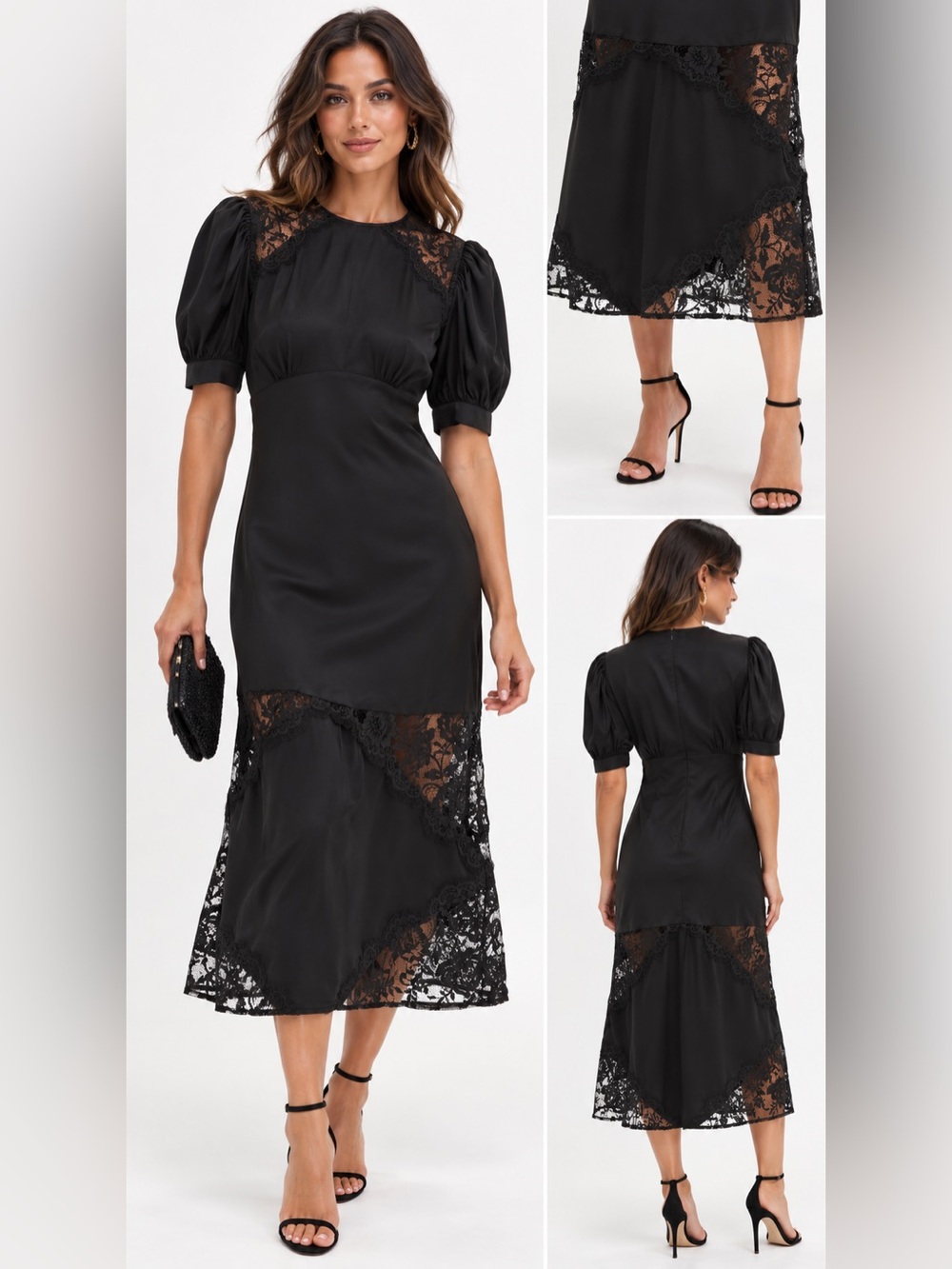 Elegant Black Lace-Trim Midi Dress